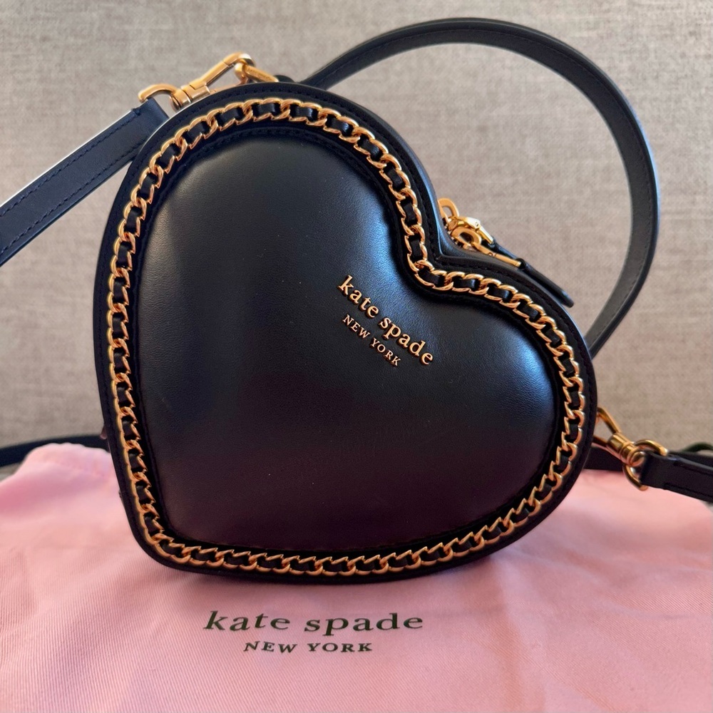 Kate Spade Amour 3D puff heart crossbody bag soft smooth leather gold chain trim - Picture 2 of 9